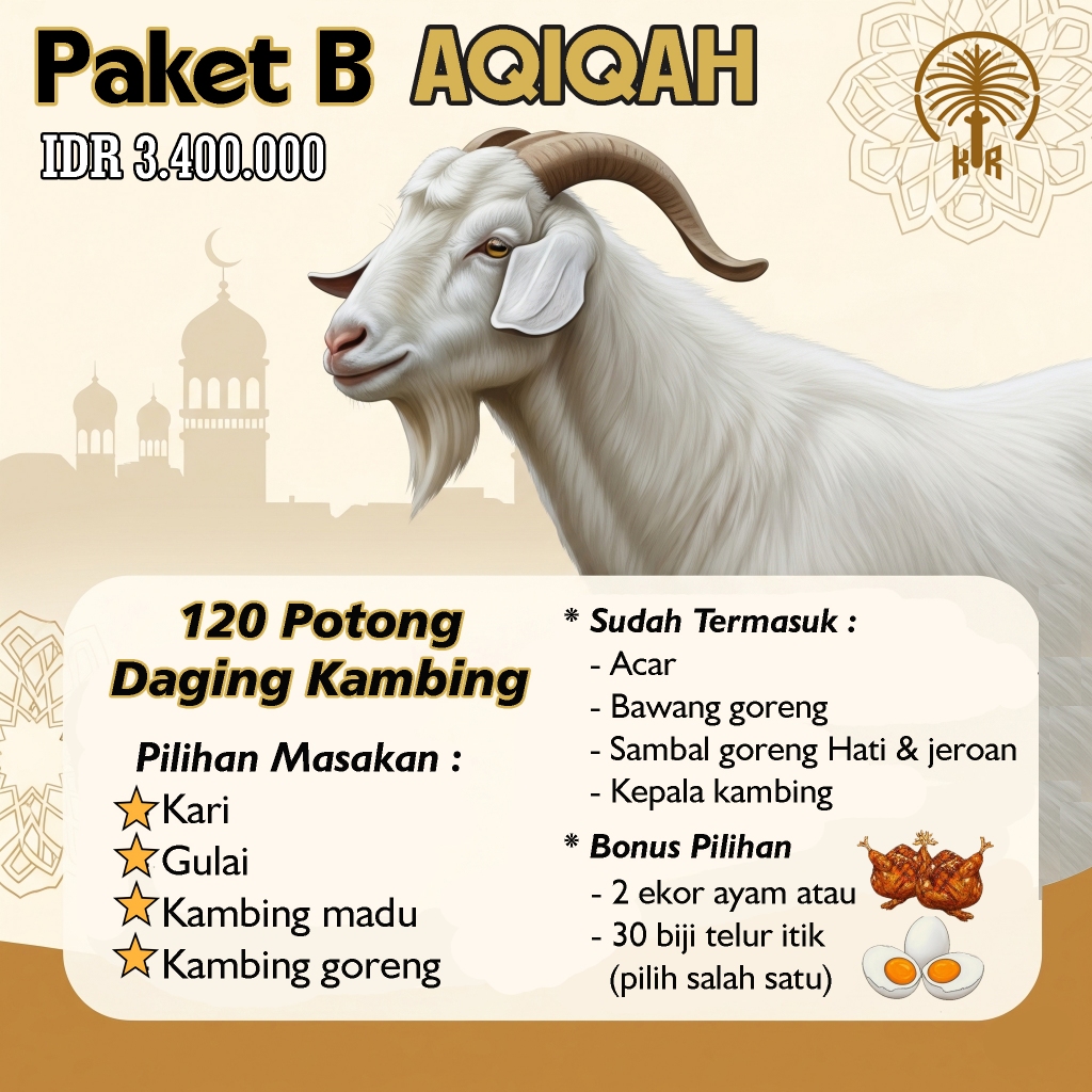 

Paket B Aqiqah (Masak) 1 Ekor Kambing 120 Potong Daging Kambing