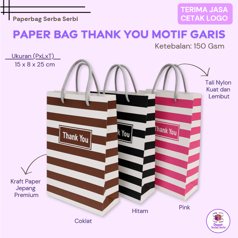 

Paper Bag Thank You Motif Garis – Tas Kado Souvenir Ulang Tahun / Pernikahan / Toko / Belanja