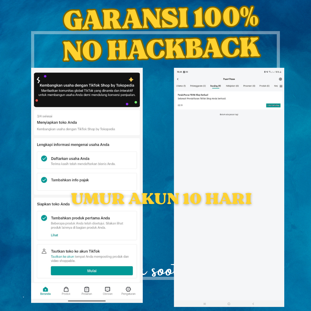 TERMURAH  AKUN TIKTOK SELLER UMUR 10 HARI GARANSI NO HB
