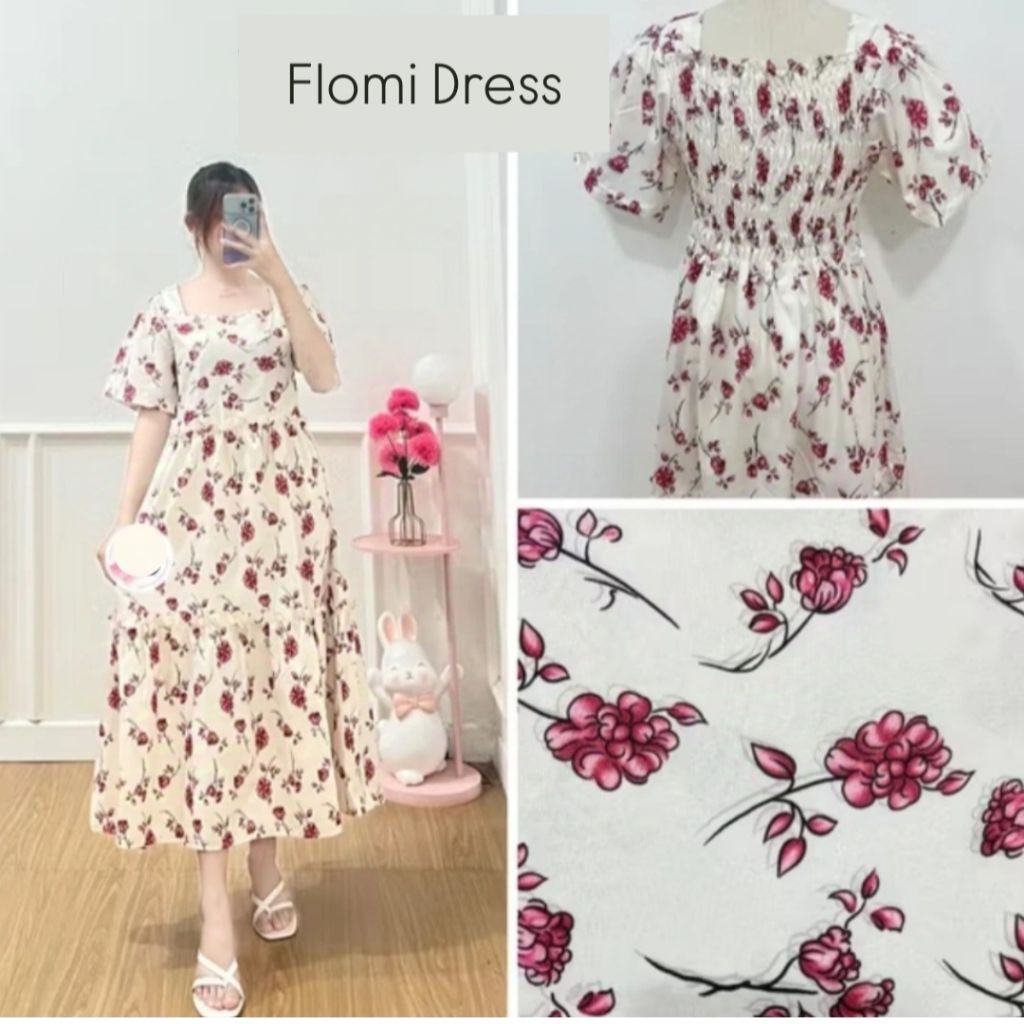 FLOMI Dress Smocked Motif Bunga lengan pendek korea style bahan wolfis Allsize Fit XXL Baju daily Ba
