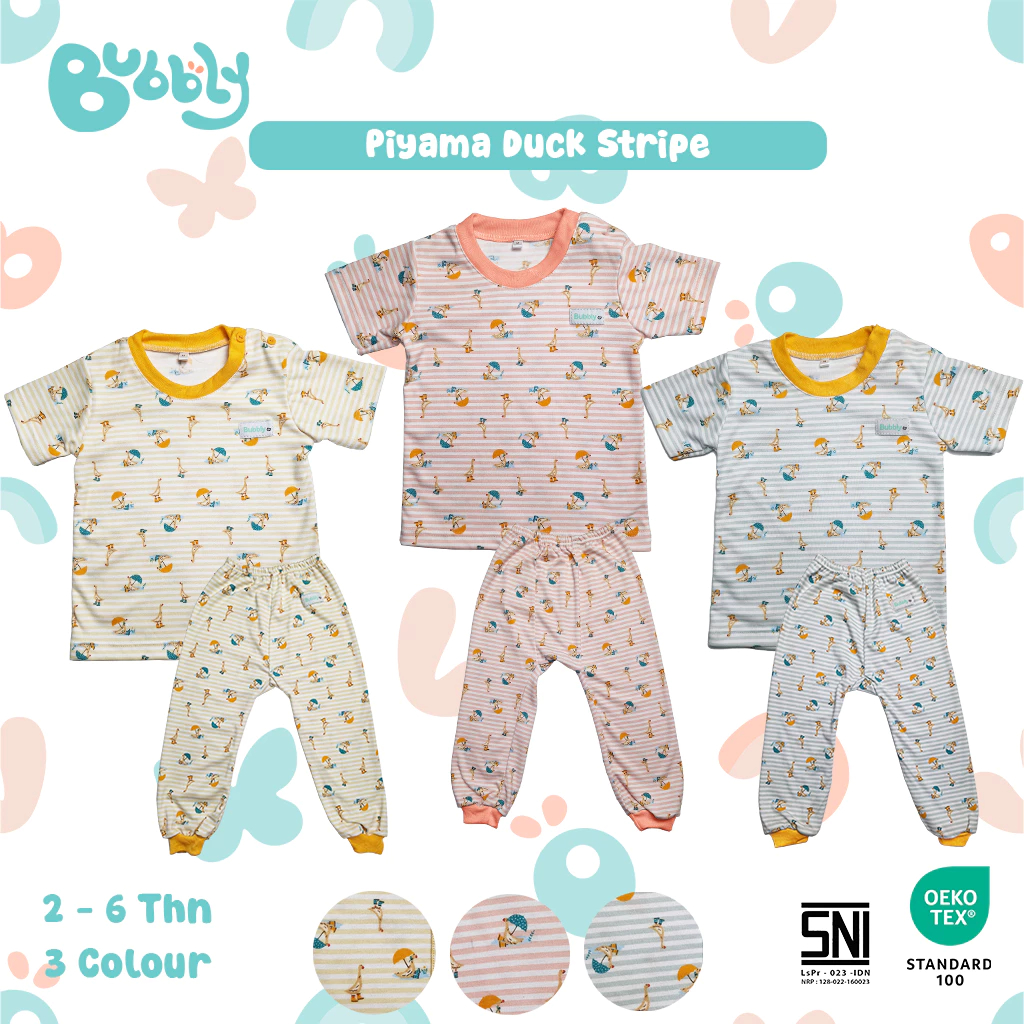 Bubbly Duck Stripe Series aju Tidur Anak Piyama Lengan Pendek - Piyama Tidur Anak Karakter