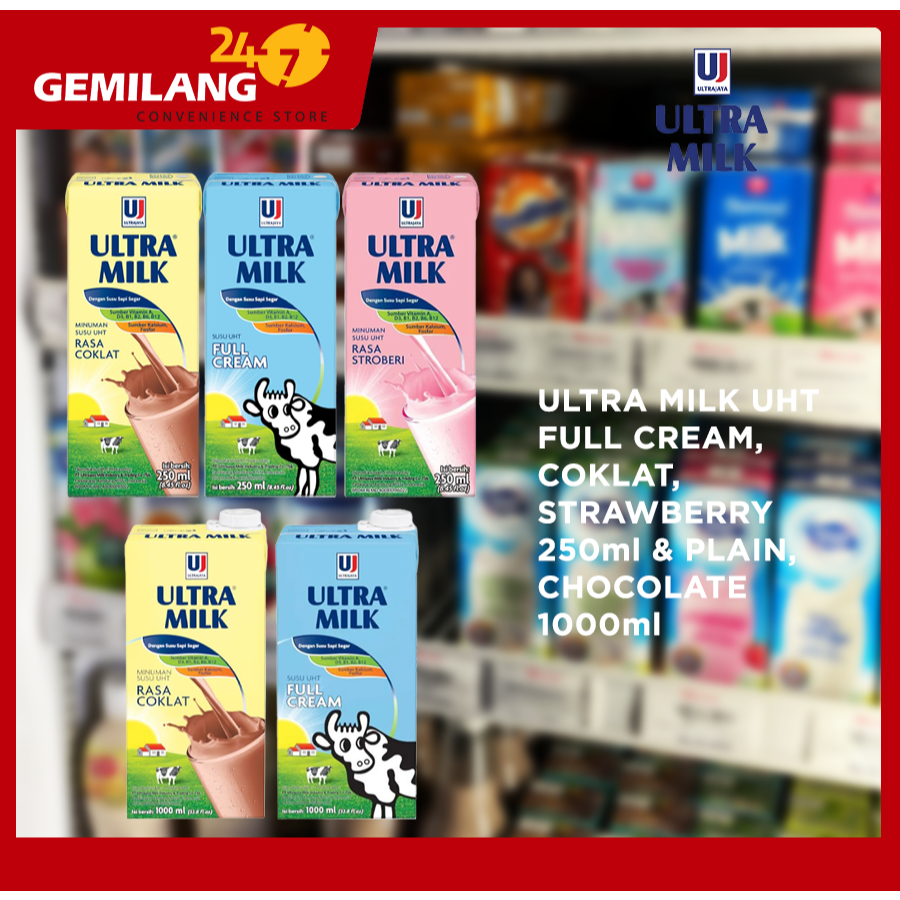 

ULTRA MILK UHT FULL CREAM, COKLAT, STRAWBERRY 250ml & PLAIN, CHOCOLATE 1000ml