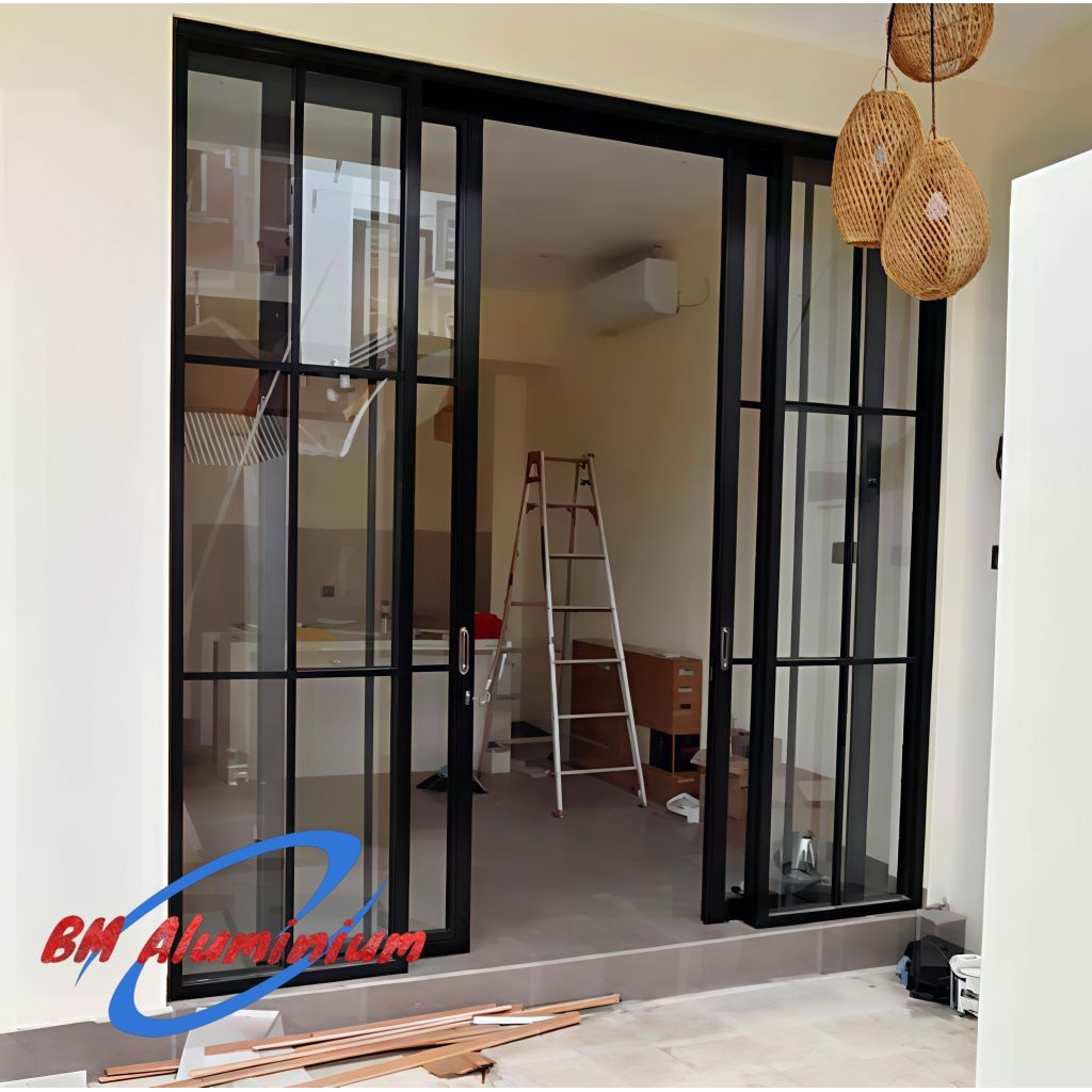 Pintu Sliding Double Aluminium 220x200 cm – 2 Daun + Kacamati & Kaca Ornamen