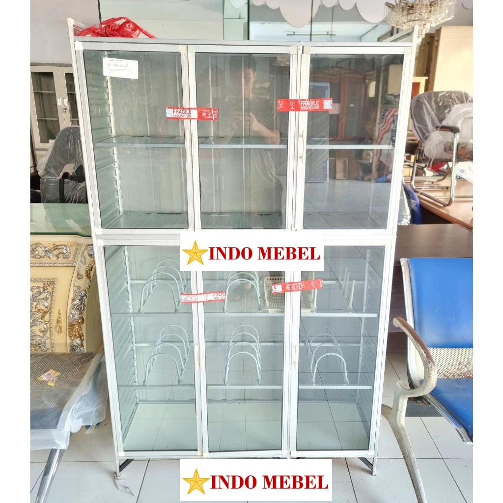 Rak Piring 3 Pintu Aluminium Kaca Riben / Lemari Dapur Promo Murah Ready Makassar