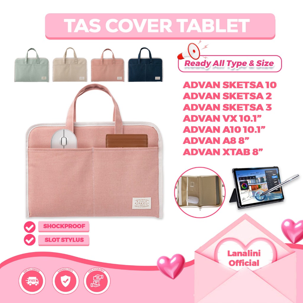 Tas Tablet Kanvas Sleeve Pouch Hand Carry Jinjing Advan Tab Sketsa 3 2 10 Inch VX Xtab X10 X8 Lite N