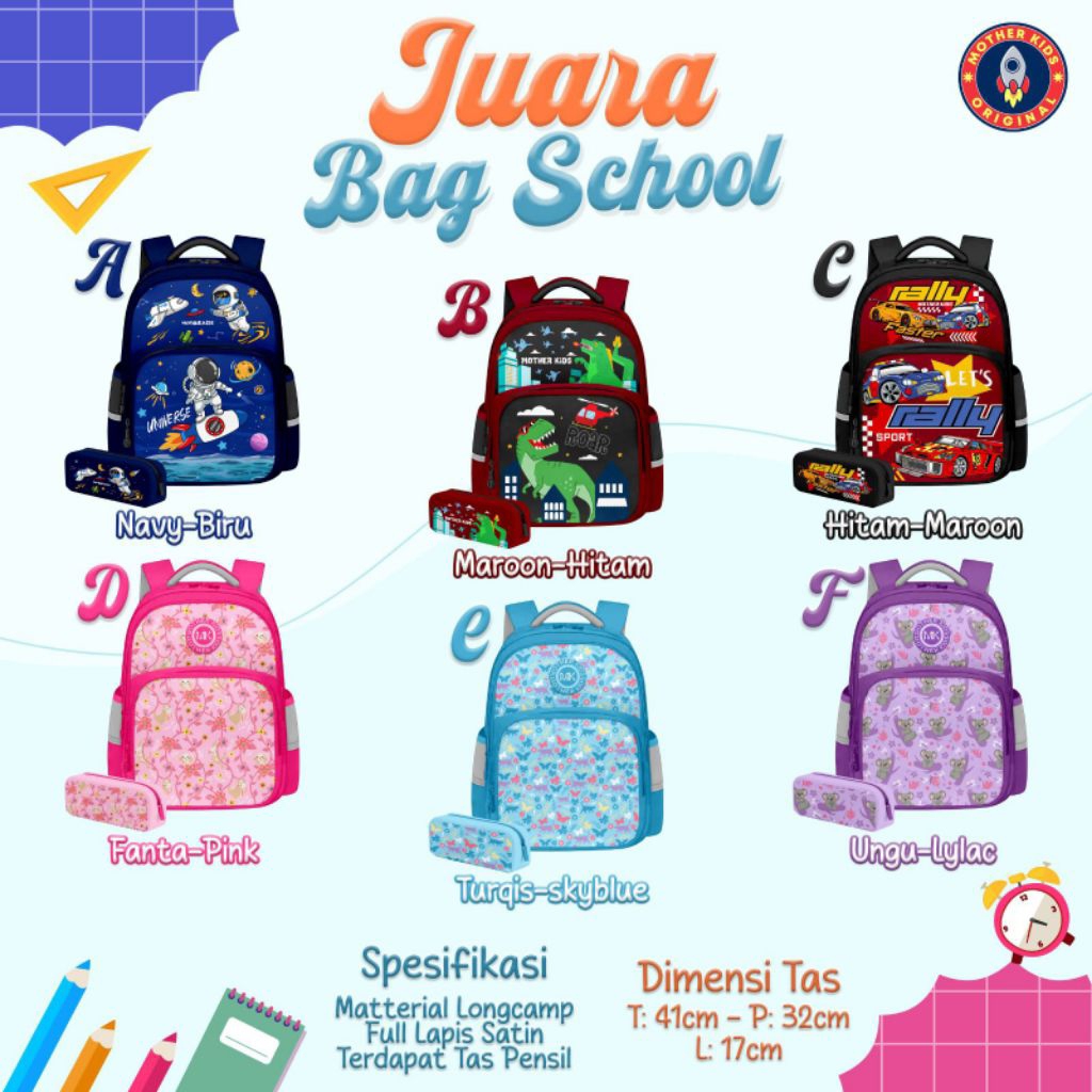 TAS SEKOLAH ANAK | JUARA BAG SCHOOL FREE KOTAK PENSIL By Mother Kids