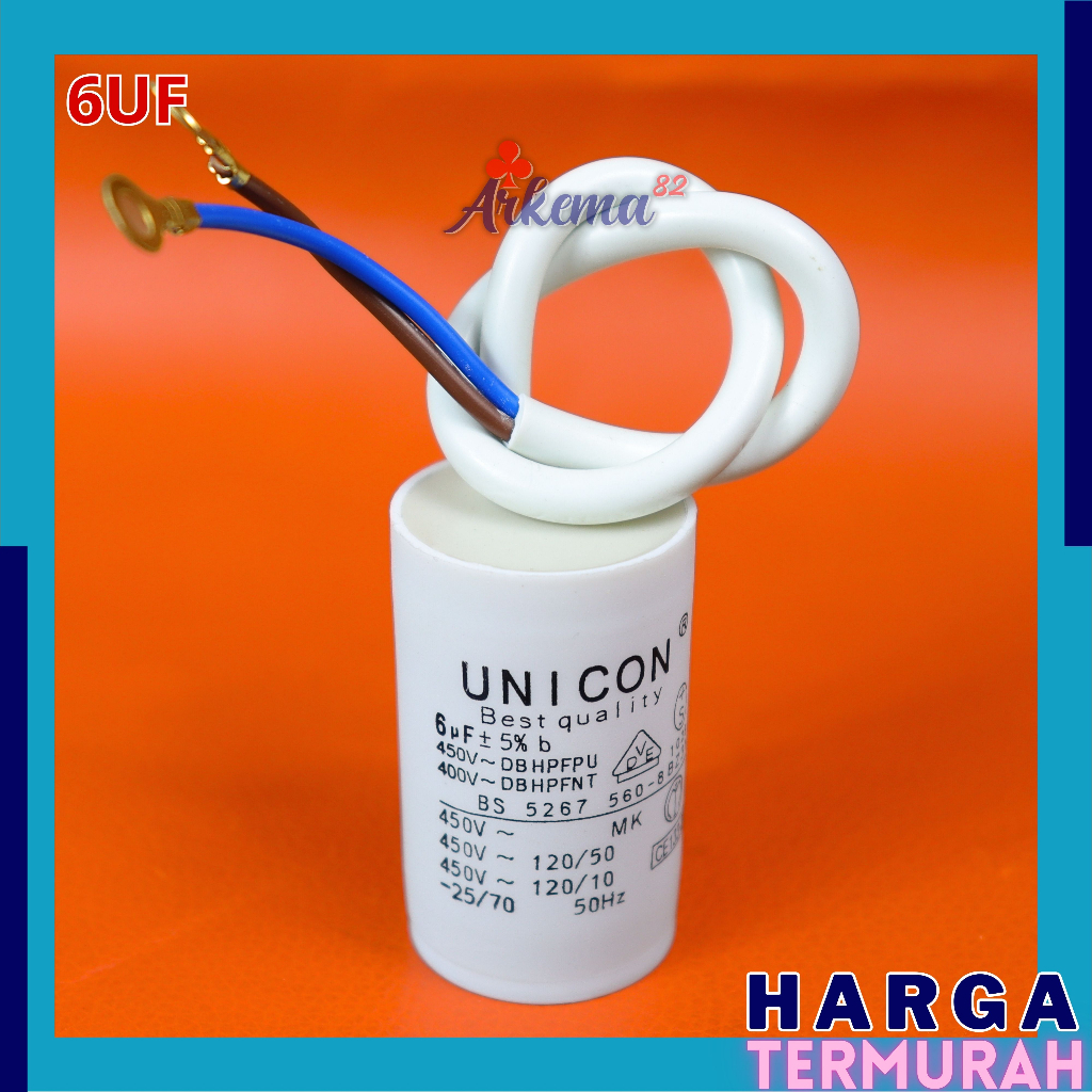 KAPASITOR BULAT SINGLE UNICON 6UF |  ELCO / CAPASITOR MESIN CUCI / POMPA AIR | KAPASITOR SINGLE 6 UF