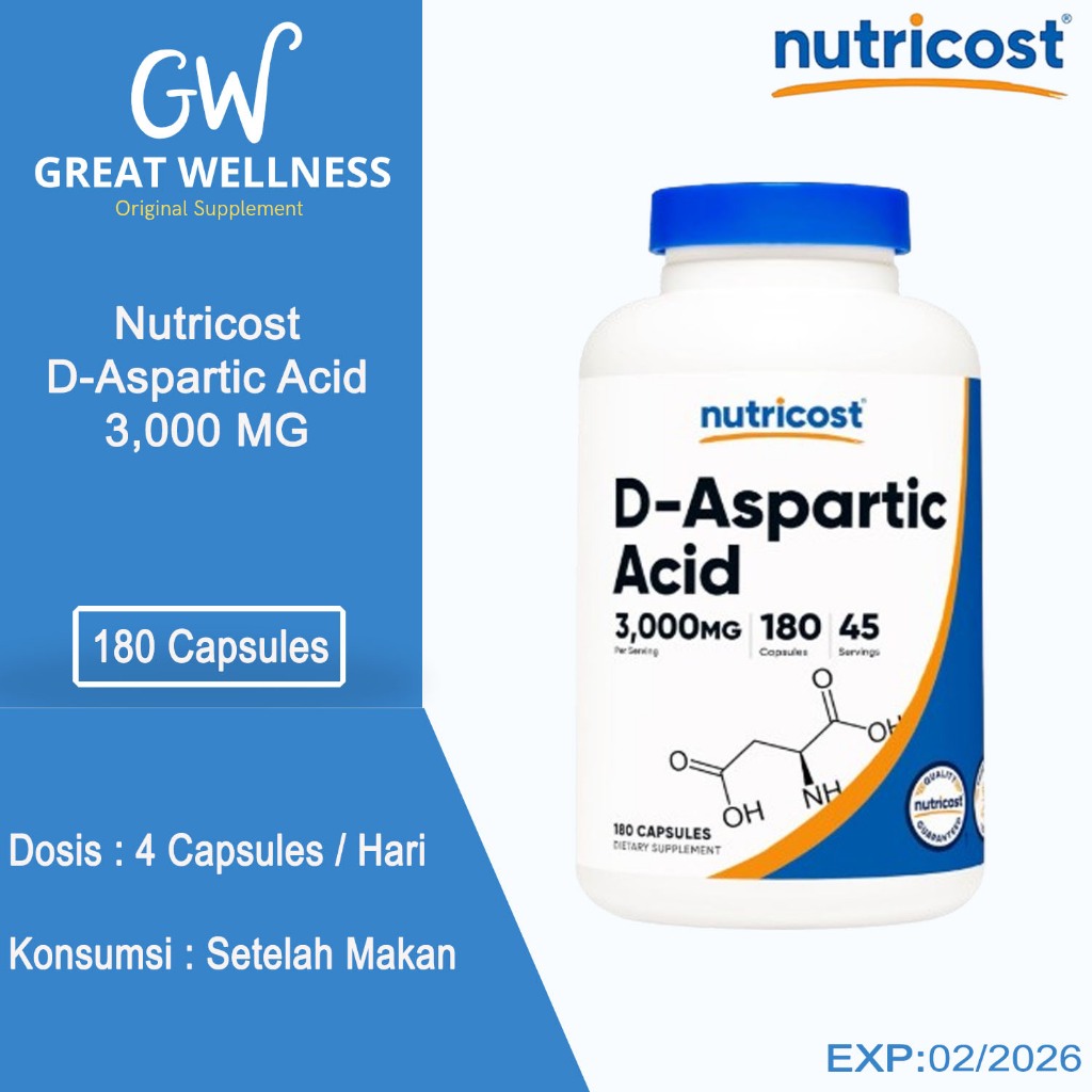 (DIJAMIN ASLI) Nutricost D-Aspartic Acid (DAA) Capsules 3000mg 180 Capsules