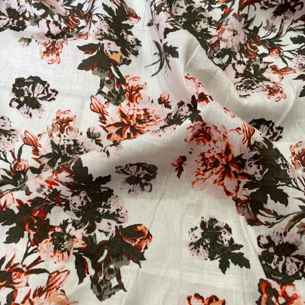 kain pure linen 100% linen/kain linen motif bunga-bunga