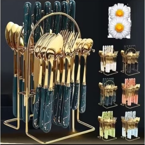 SET ALAT MAKAN MEWAH/SET SENDOK GARPU GOLD/CUTLERY SET MEWAH + RAK - Merah