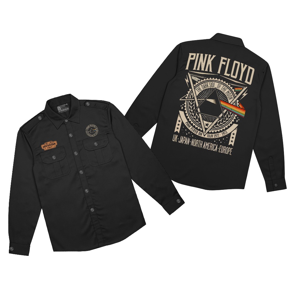 Devvogue Workshirt Pria Pink Floyd Logo Pdh Lengan Panjang Bahan American Drill
