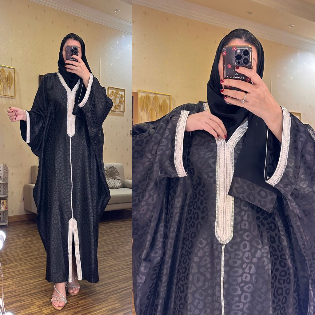 Abaya kalong hitam motif leopard hitam