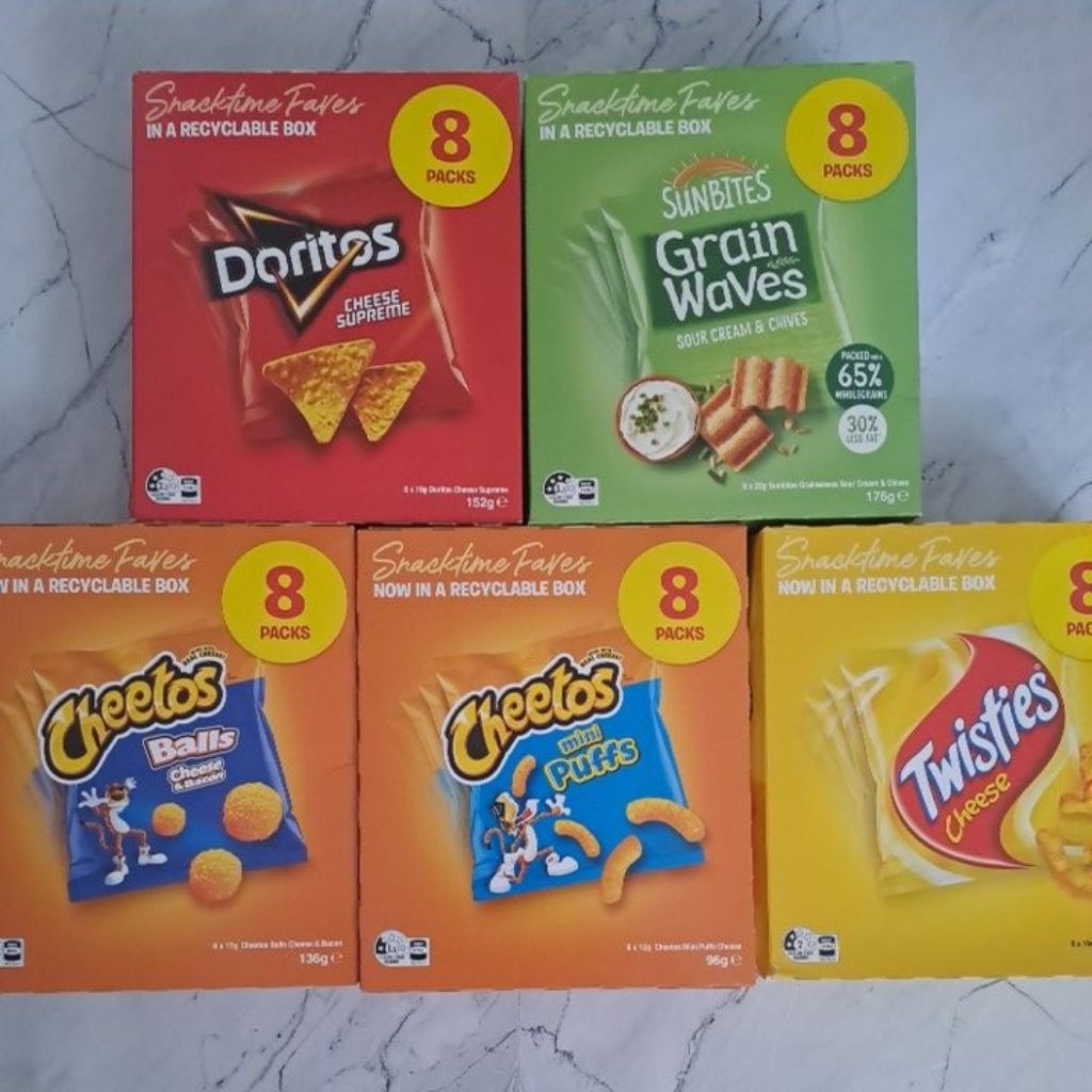 

TWISTIES CHEESE / CHEETOS MINI PUFFS / CHEETOS BALLS / GRAIN WAVES SOUR CREAM / DORITOS CHEESE SATUAN / PIECES