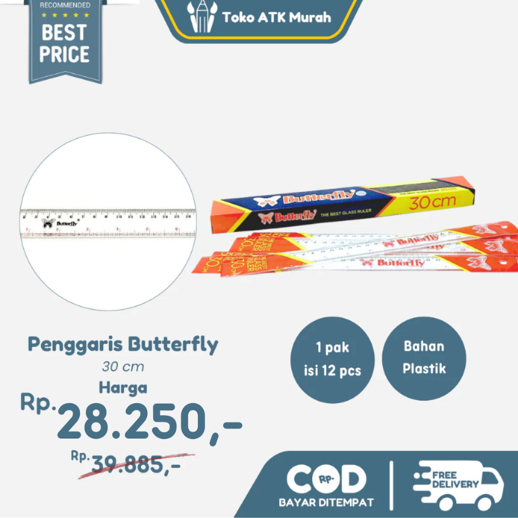

1 PAK / 12 pcs Penggaris Butterfly 30 cm Plastik Ruler Plastic Grosir