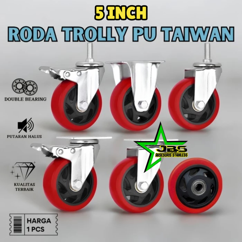 RODA TROLI 5" INCH PU MERAH TAIWAN+DOUBLE BEARING HEAVY DUTY - RODA CASTER TAIWAN TW