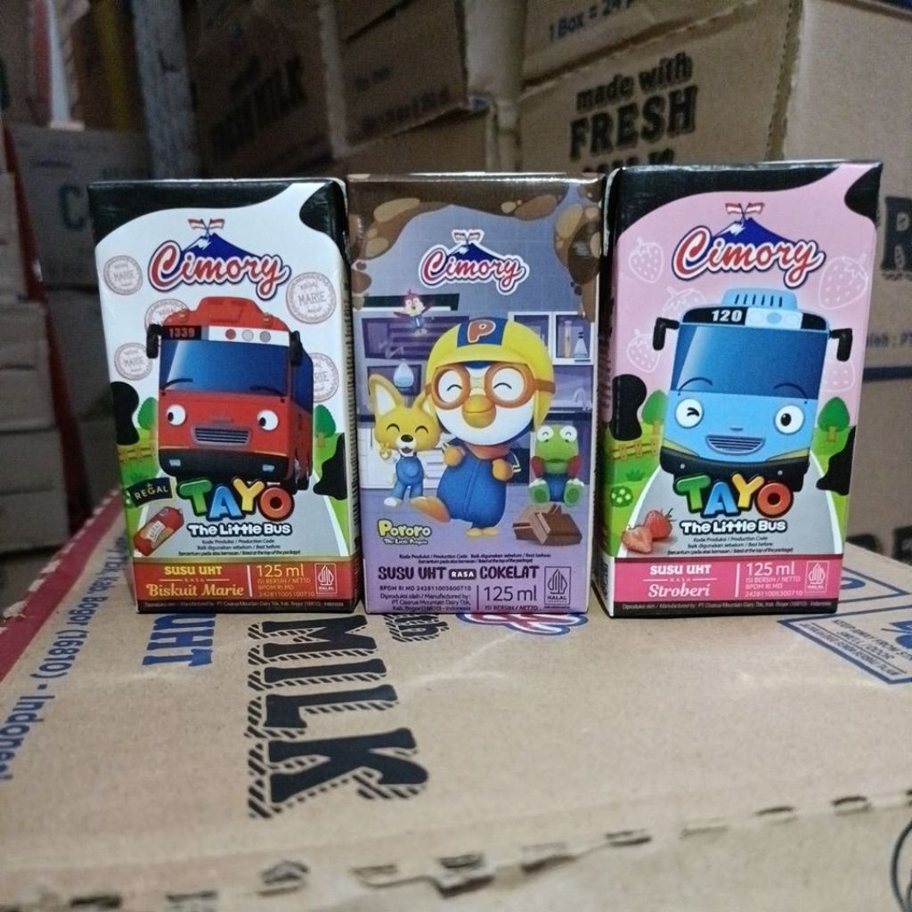 

Susu Cimory UHT 125ml edisi Tayo cokelat strawberry cashew chocomalt marie