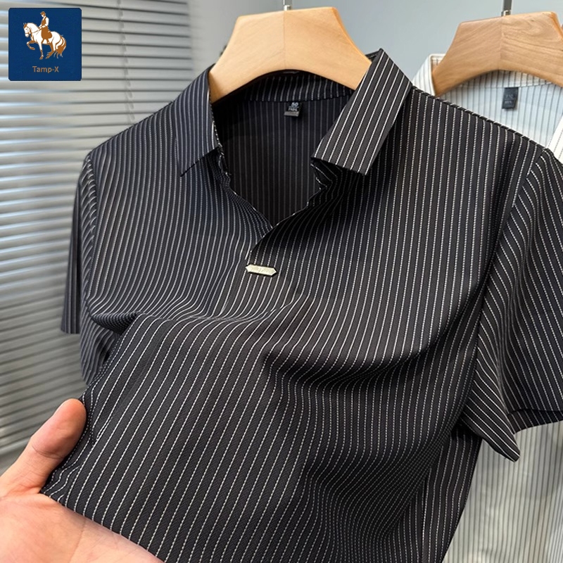 Tamp-X Polo Shirt Pria Kaos Distro Sutra Es Kerah Stripe Casual Lengan Pendek Premium Hitam Original