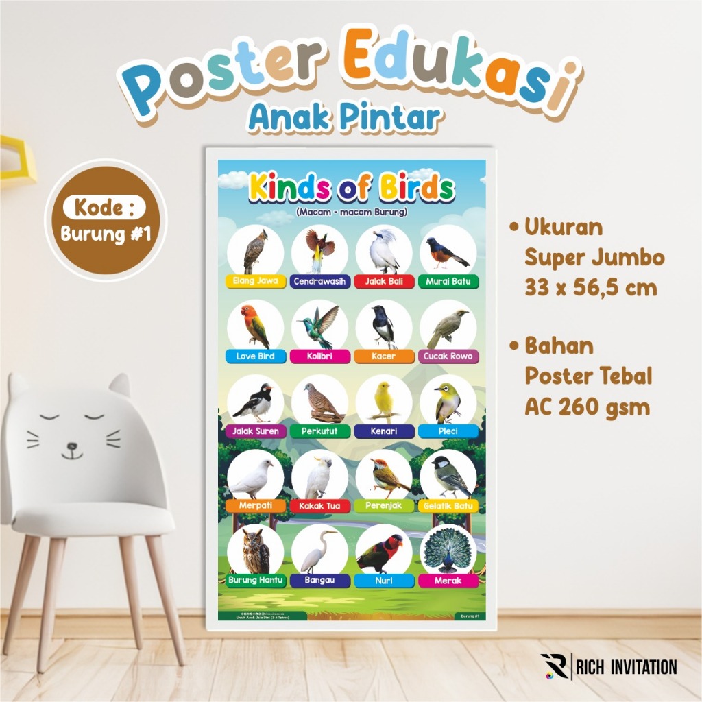 (POSTER TEMA HEWAN) MEDIA BELAJAR MEMBACA ANAK PAUD/TK - POSTER EDUKASI READY STOCK