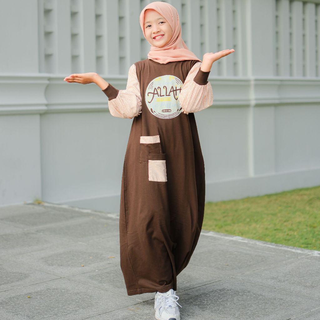 PREMIUM GAMIS ANAK PEREMPUAN COKLAT BAHAN KAOS LENGAN KATUN JEPANG SHIBAKIDS MOUZA SERIES 1- 14