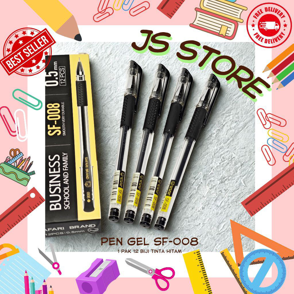 

(12 Biji) Pen Gel SF 008 0.5mm Per Pak Tinta Warna Hitam