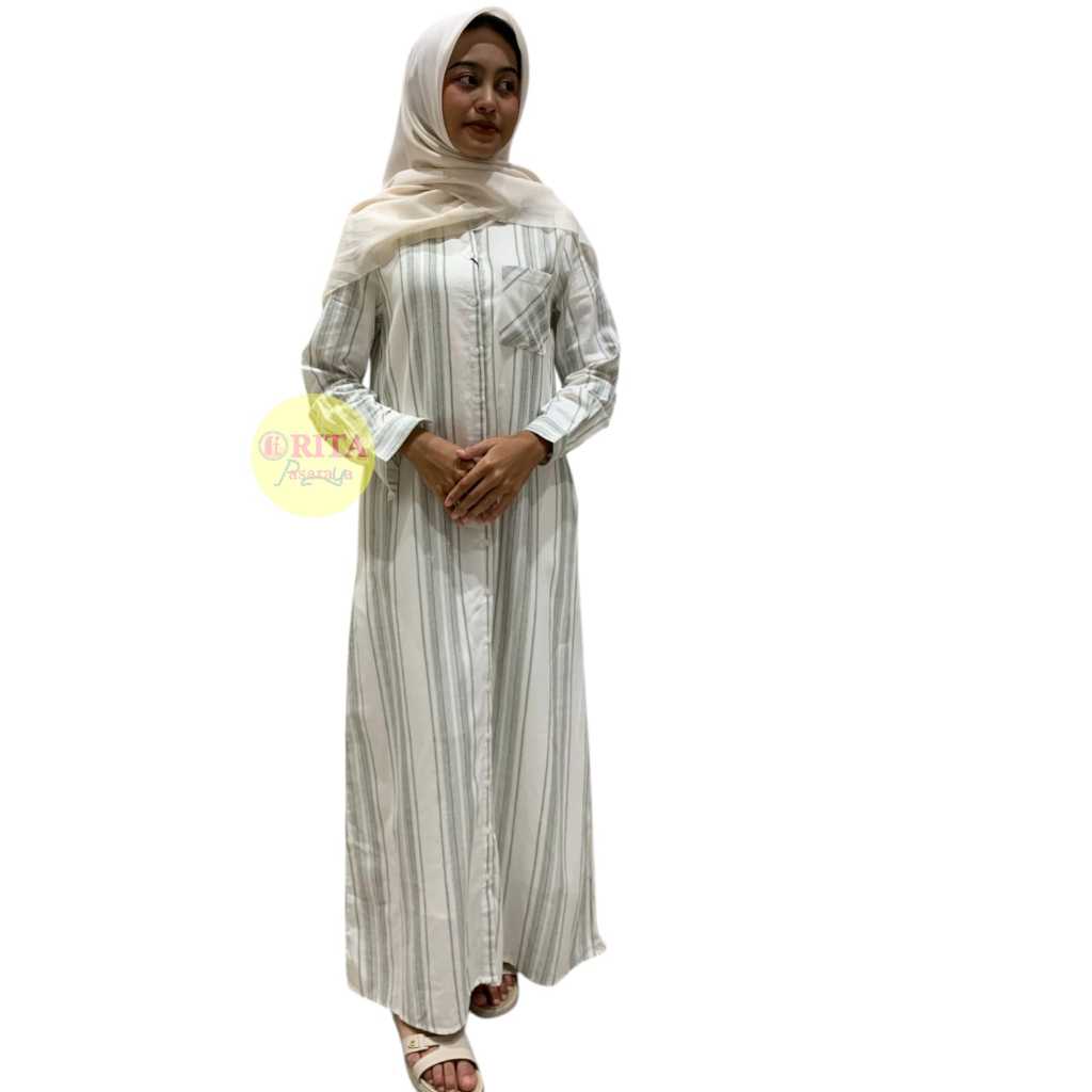 Cressida Ladies Gamis Putih Garis Hijau