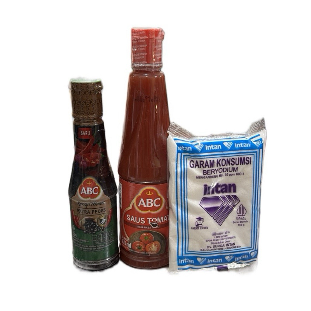 

(C3) Combo Hemat 1btl Saos Tomat Abc 275ml, 1btl ABC kecap Extra Pedas 135ml, 1bks Garam Halus Intan 150g