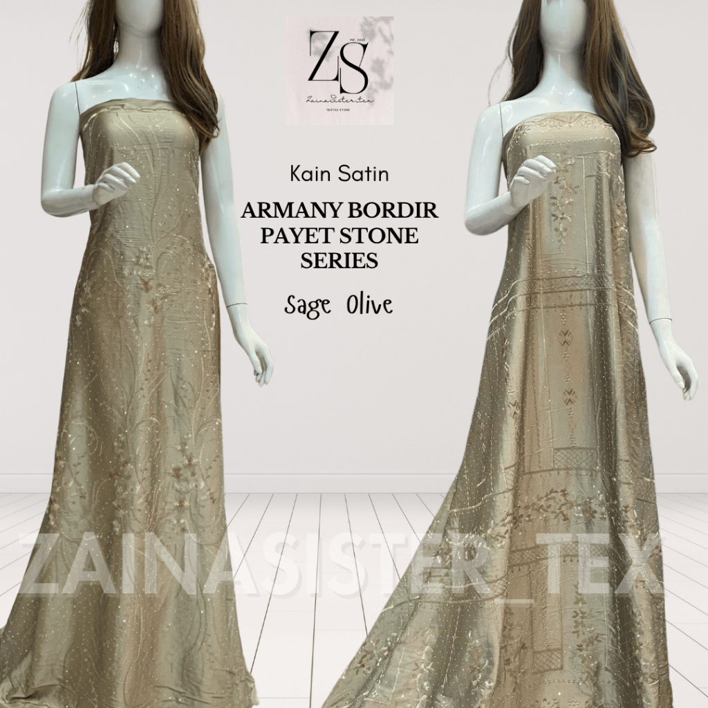 Bahan Kain Satin Arnamy Silk Bordir Payet Stone Warna Sage Olive - Kain Mewah Lebar 135cm / Kain Keb