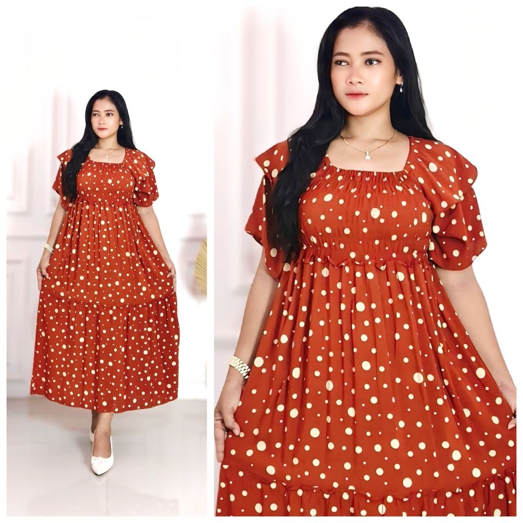 GAUN DRESS SMOK POLKADOT LENGAN PENDEK/DRESS SMOK RAYON/DRESS SUSUN REMPEL/DASTER WANITA KEKINIAN RA