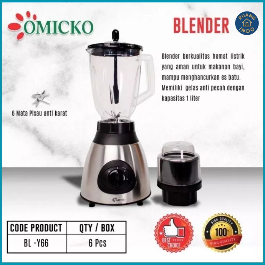 OMICKO Blender BL-Y66 – 2in1 Blender Kaca Anti Karat, 6 Mata Pisau Tajam, Motor Kuat