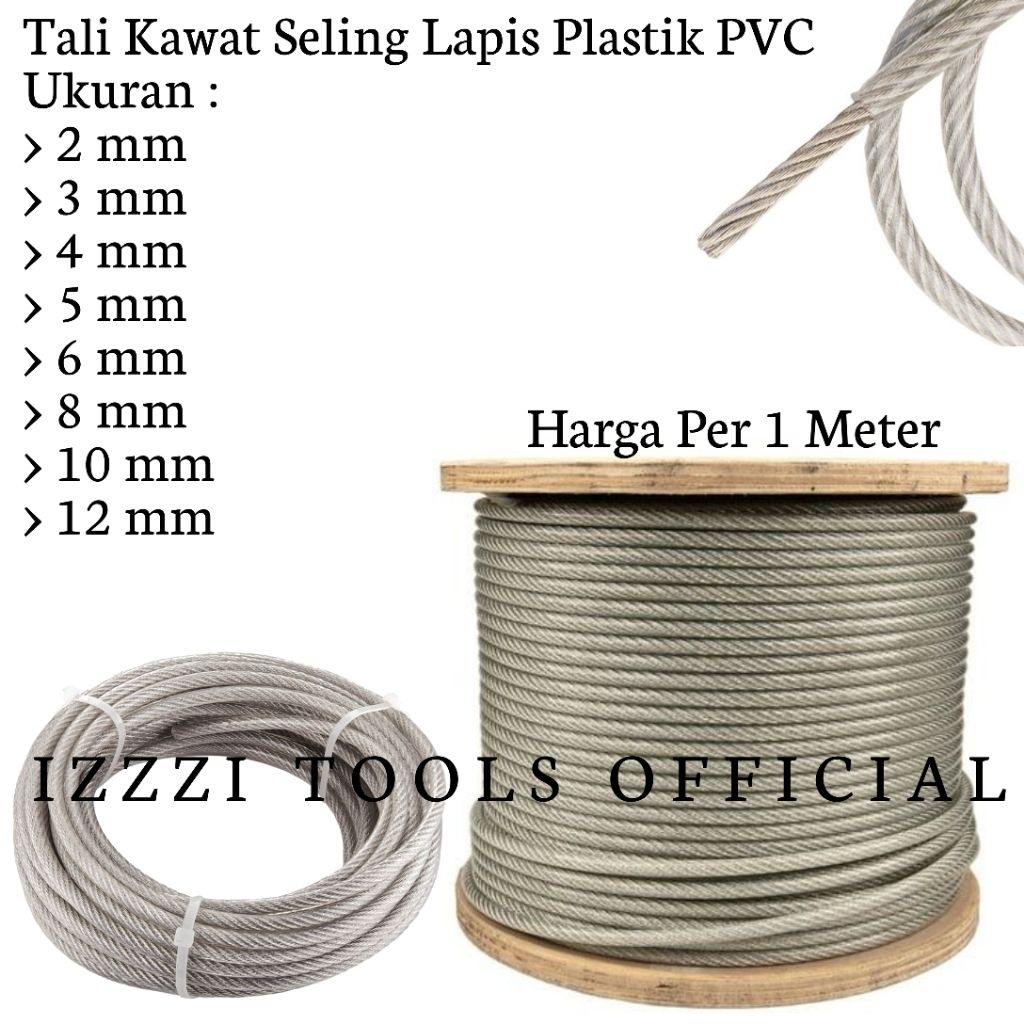 Tali Seling Baja Kawat Seling Lapis Plastik PVC 2mm 3mm 4mm 5mm 6mm 8mm Kabel Seling Lapis Plastik P