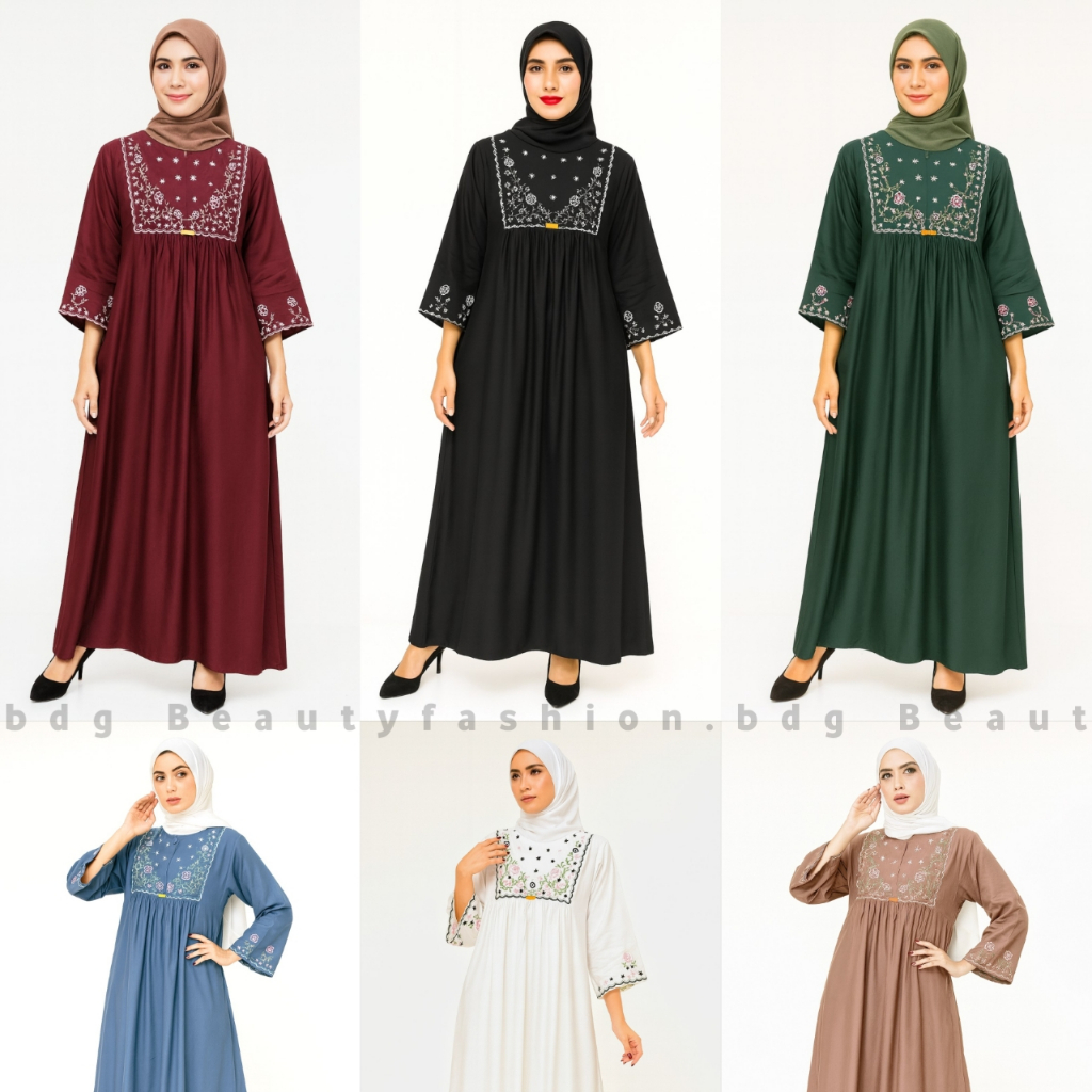 Midi Gamis Rayon Twill Bordir Wanita AFIYA Terbaru Busui Friendly Motif Embroidery Premium