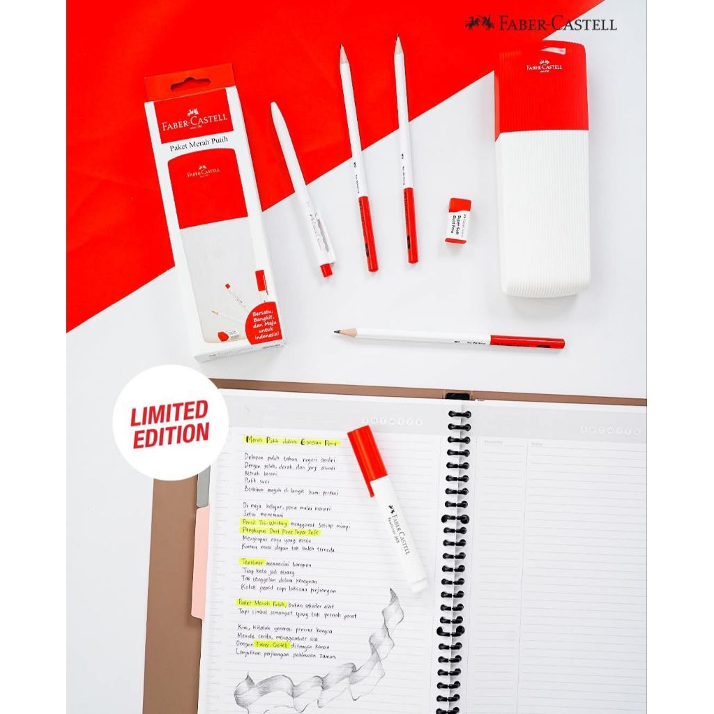 

FABER CASTELL RED WHITE STATIONERY SET FOR INDONESIA INDEPENDENCE DAY GIFT SET PAKET ALAT TULIS TEMA MERAH PUTIH HADIAH LOMBA AGUSTUSAN PERINGATAN HARI KEMERDEKAAN INDONESIA