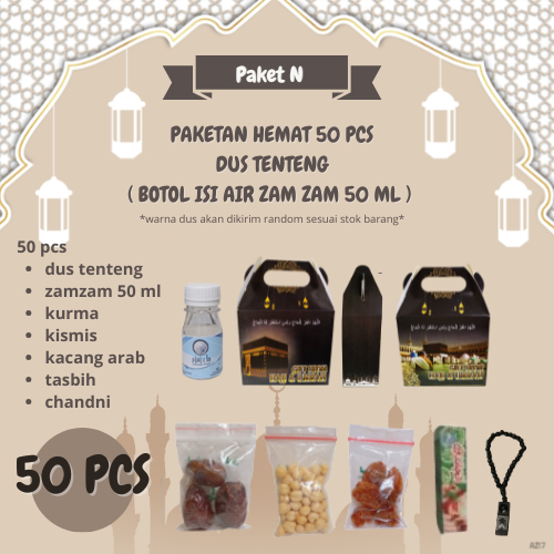 

paketan hemat tasbih+chandni dus teng teng untuk oleh oleh haji dan umroh 50pcs (botol isi air zam zam 50 ml)