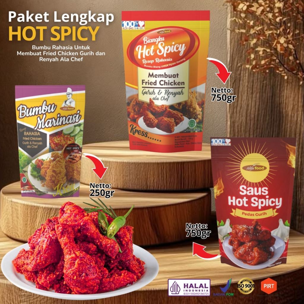 

Paket Bumbu Varian Friedchicken Hot Spicy/Bumbu biang/Bumbu marinasi/Saus Hotspicy/BPOM Halal/Pedas