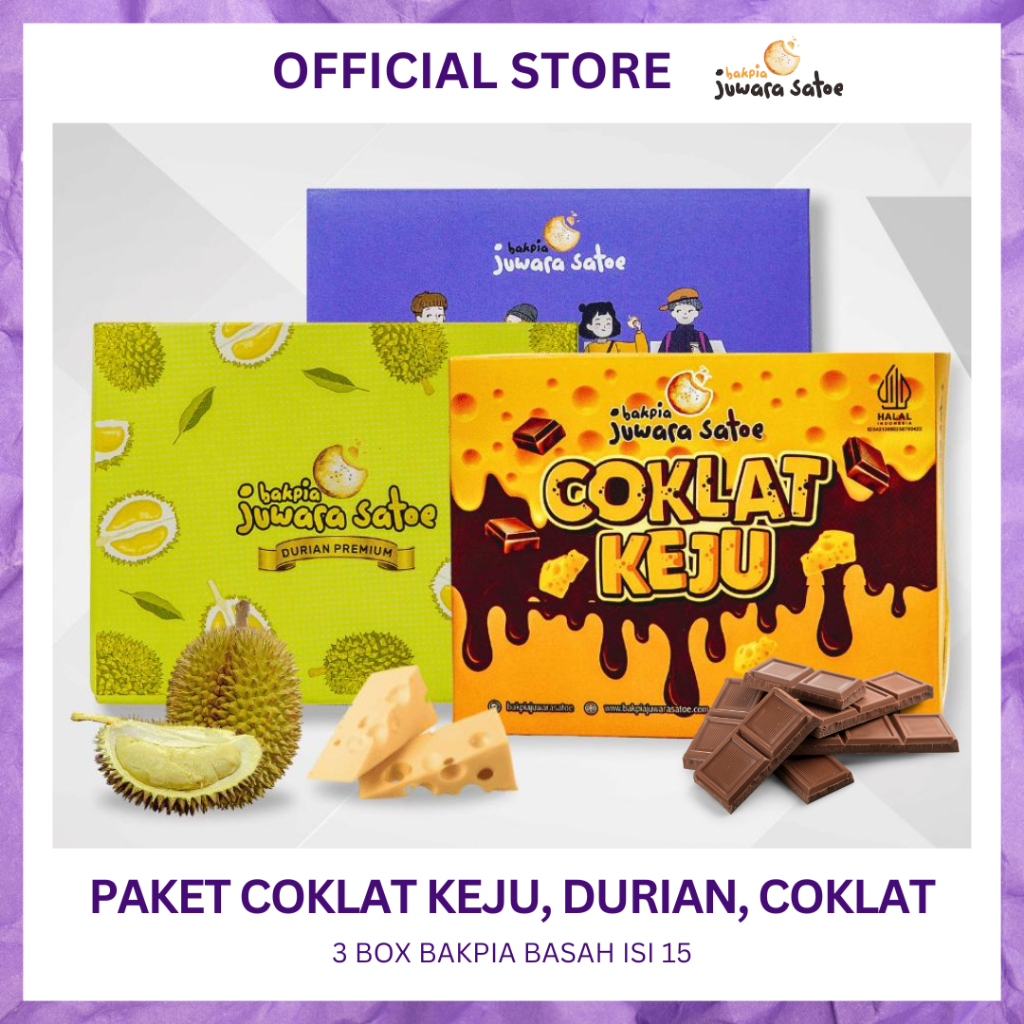 

BAKPIA JUWARA SATOE [ 3 Box ] Paket Bakpia Basah (Coklat Keju, Durian, Coklat) - Khas Jogja