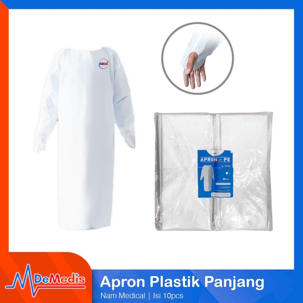 NAM MEDICAL Apron Plastik Lengan Panjang Pack isi 10 Pcs Celemek Plastik Medis APD Industri