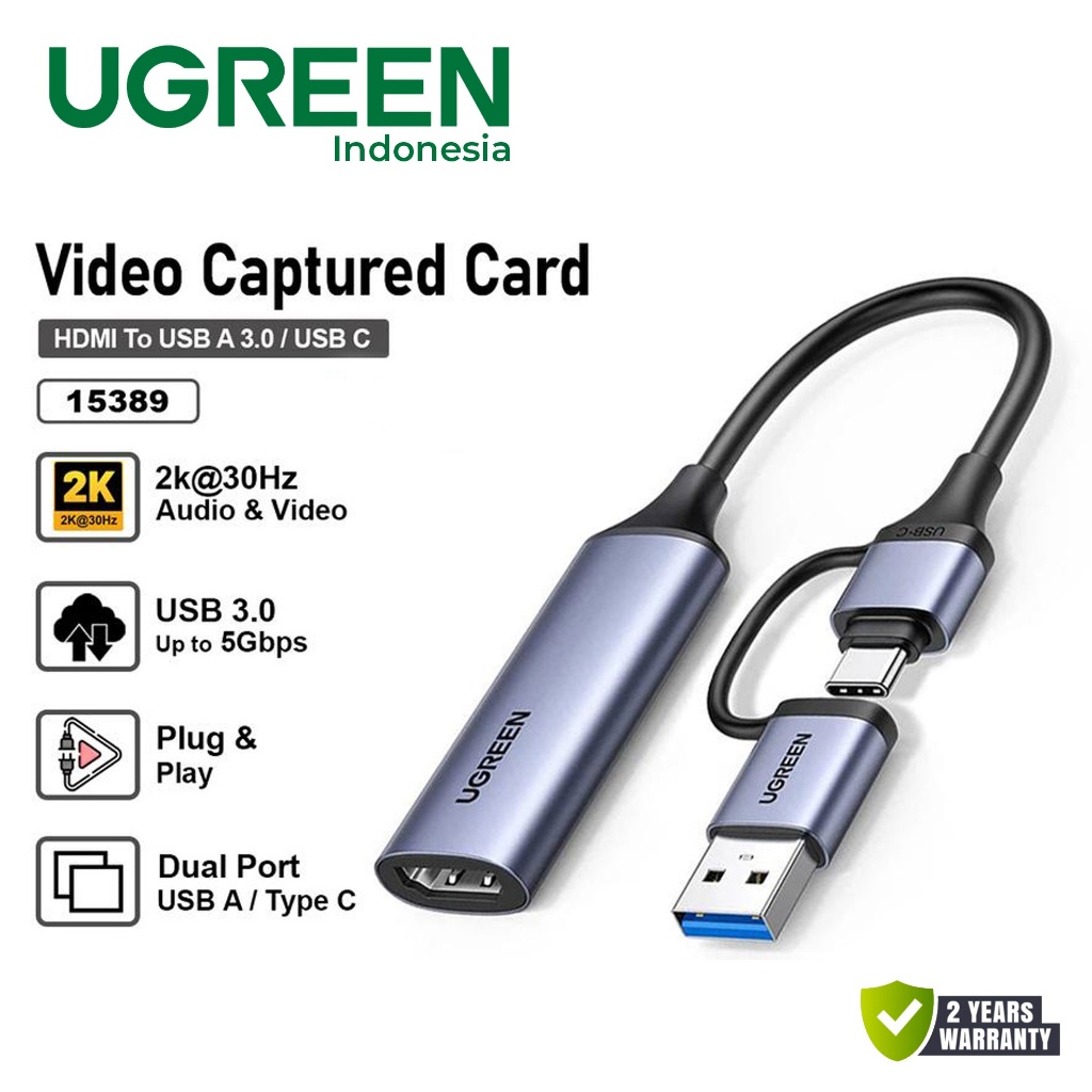 UGREEN 15389 Video Capture Card 2 in 1 HDMI to USB 2.0 / Type C Full HD 2K 1080P 30Hz for Live Strea