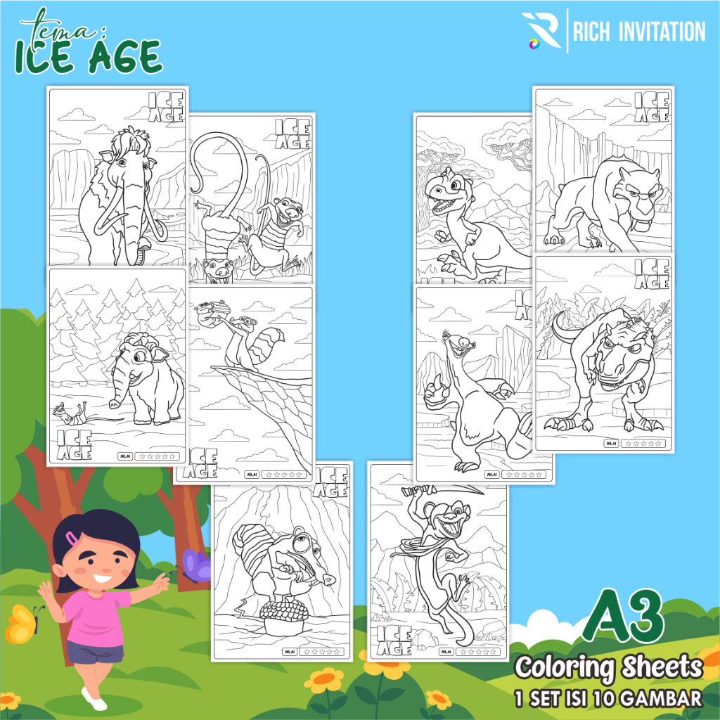 

(A3) KERTAS MEWARNAI ANAK - KERTAS COLORING ANAK PAUD TK - TEMA ICE AGE