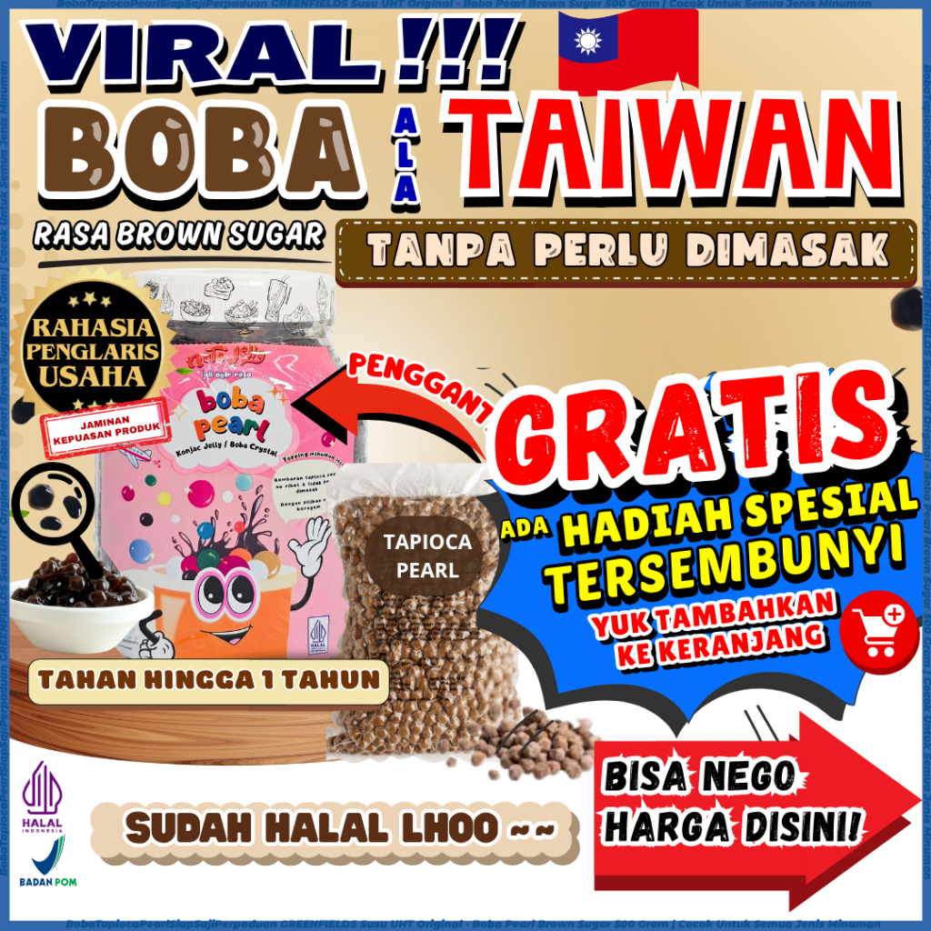 

BobaTapiocaPearlSiapSajiPerpaduan GREENFIELDS Susu UHT Original - Boba Pearl Brown Sugar 500 Gram | Cocok Untuk Semua Jenis Minuman