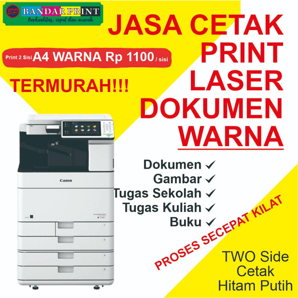 

PRINT LASER / CETAK WARNA BUKU CEPAT A4 80/100 GSM TERMURAH, CETAK DOKUMEN MAKALAH, PROPOSAL, SKRIPSI, TESIS, JURNAL, DLL WARNA A4 DAN A3 DIGITAL ( PRINTER LASER )