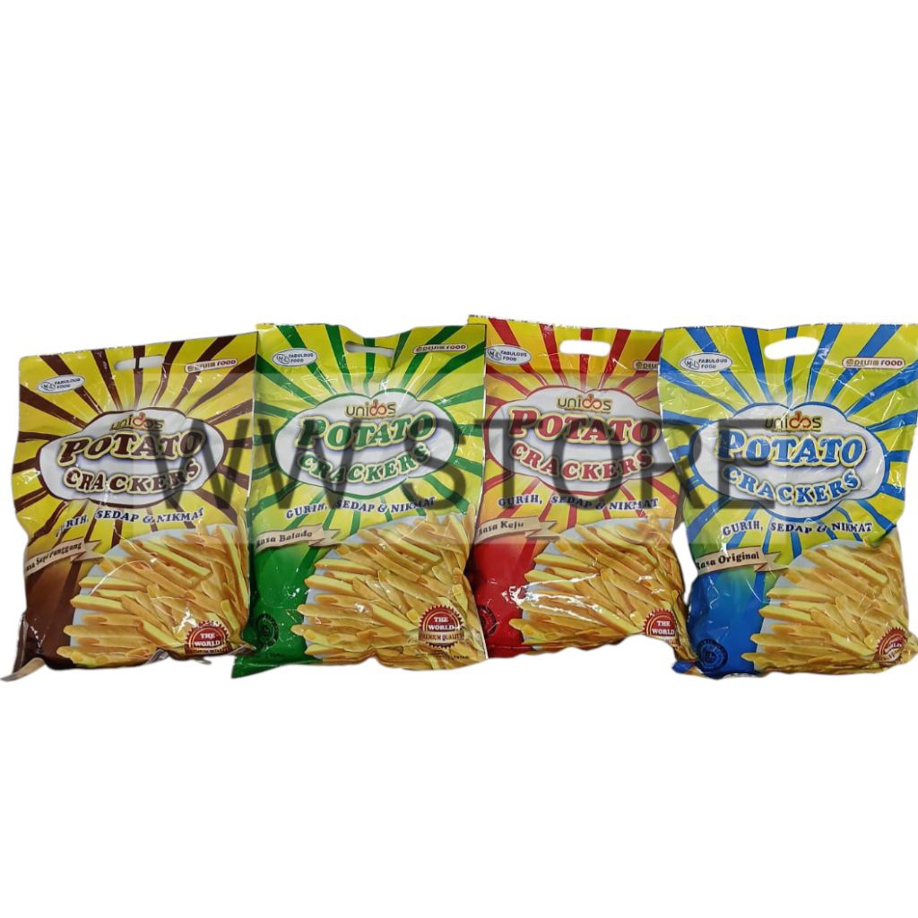 

Cemilan snek makanan ringan stik kentang rasa asli original keju balado sapi panggang halal MUI MiL FABULOUS DELSIM FOOD UNIDOS POTATO CRACKERS stick sticks 200g