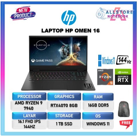 HP OMEN 16 RYZEN 9 7940 RTX4070 8GB/ 16GB 1TB Win11 16.1FHD IPS 144HZ