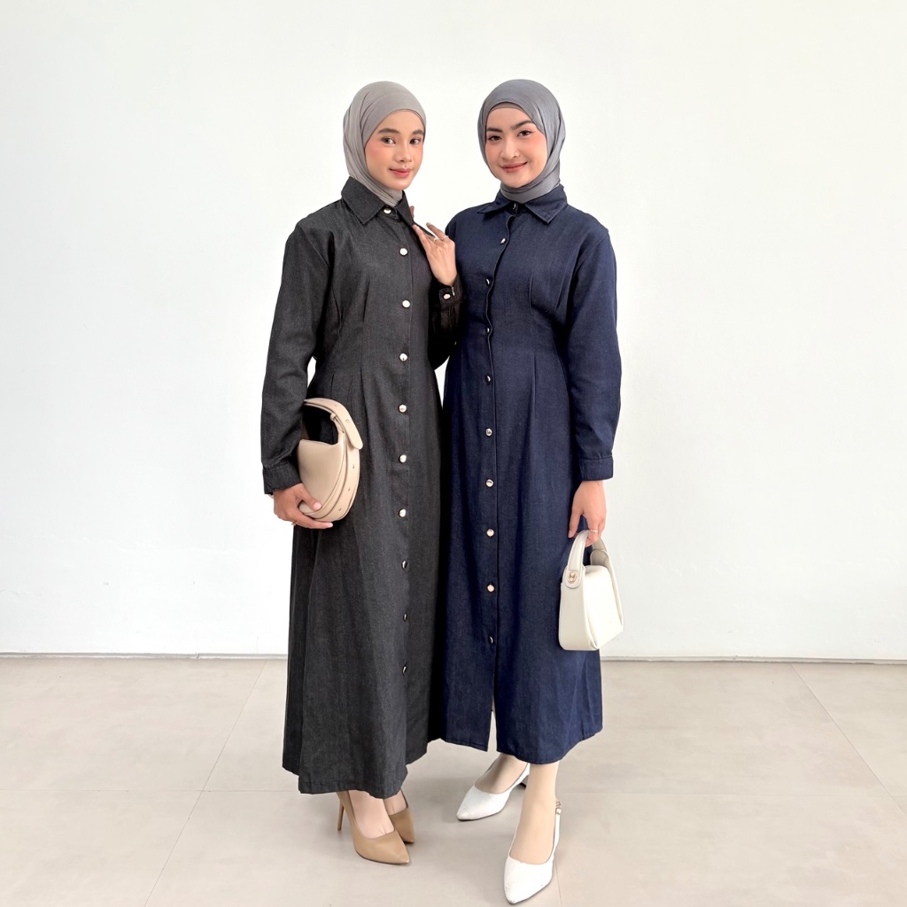 FLOWEAR Jinny Dress Gamis Denim Full Kancing Busui Friendly | Longdress Jeans Slimfit JeanWest