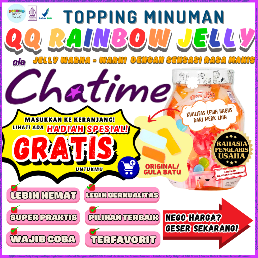 

QQRainbowJellyKonyakuToppingMinumanCocokDengan MAXFOOD Bubuk Es Krim Ice Cream Powder - Rainbow Jelly Original 500 Gram | Cocok Untuk Semua Jenis Minuman
