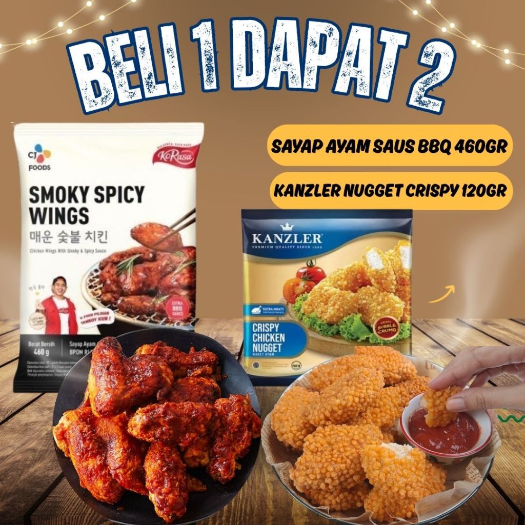 

BELI 1 DAPAT 2 KORASA SMOKY SPICY WINGS (SAYAP AYAM DENGAN SAUS BBQ PEDAS) FREE KANZLER NUGGET CRISPY 120GR