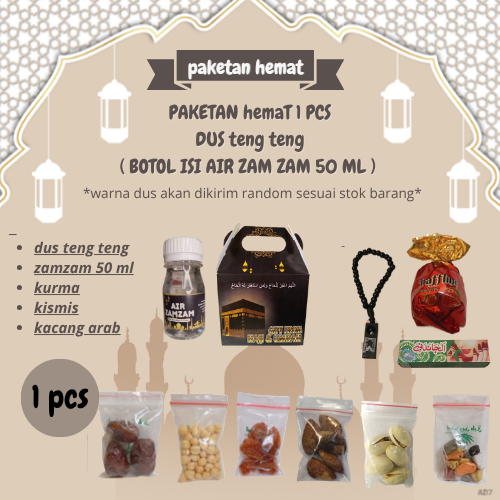 

1 pcs paketan hemat DUS TALI untuk oleh oleh haji dan umroh ( botol isi air zam zam 50 ml )