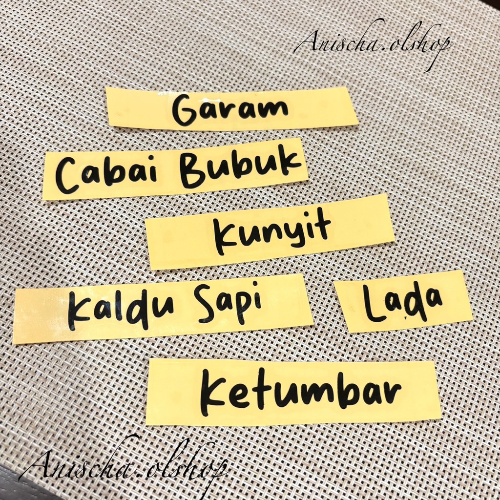 

Stiker Cutting (yang nempel hanya huruf saja) Anti Air Anti minyak Stiker Bumbu dapur Bebas Request