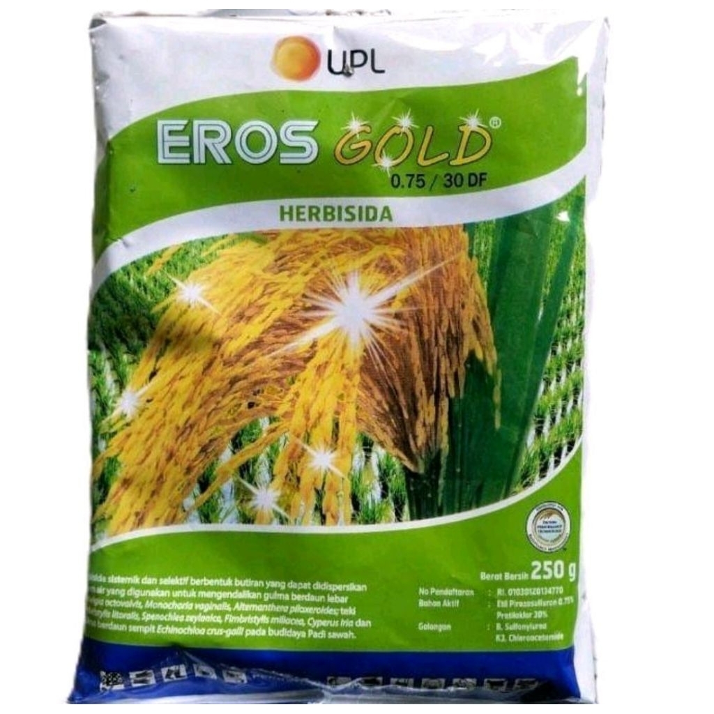 Eros Gold 0,75/30 DF 250 gr, Obat rumput tanaman padi, kendalikan biji gulma dan gulma daun lebar, t