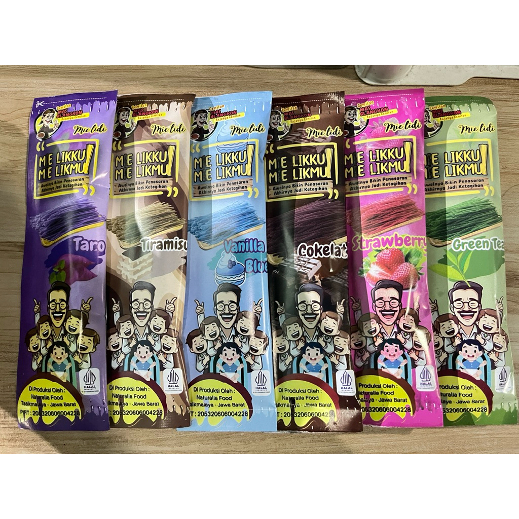 

Mie Lidi Viral Karakter isi 12 pcs 6 Rasa Manis Strawberry ,Taro,Tiramisu,Coklat,Grentea,Vanilla blue.