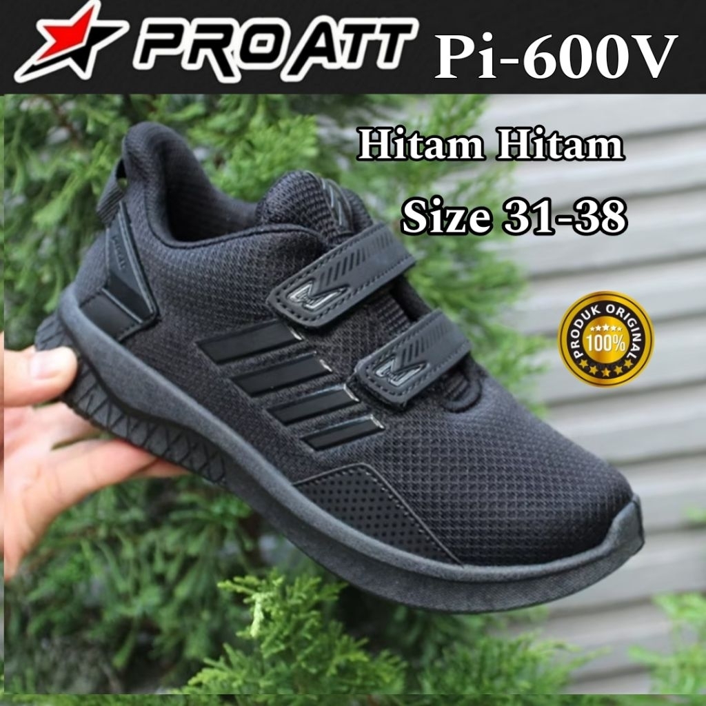 PROATT Sepatu Sekolah Anak Cowok Cewek PI Kretekan Tali Pro Att Hitam Putih Black Original 31-38